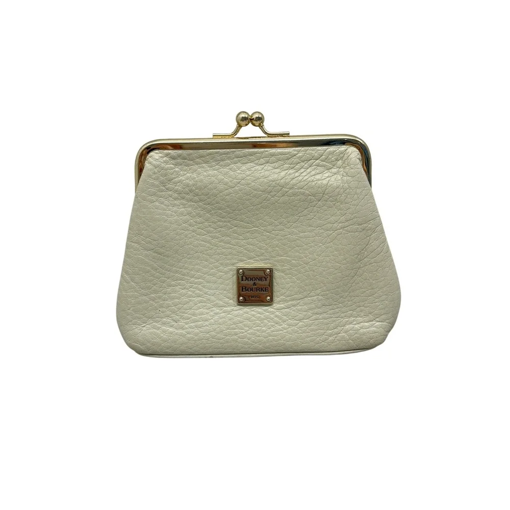Dooney & Bourke Cream Pebbled Leather Kiss Lock Coin Purse Wallet Vintage Gold